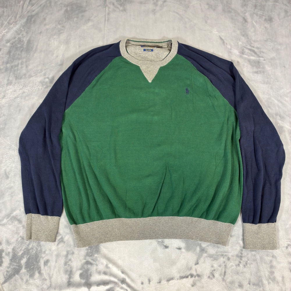 Polo Ralph Lauren Sweater Mens 2XB Green Blue Colorblock Pima Cotton Raglan